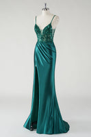 Load image into Gallery viewer, Sparkly Spaghetti Straps Dark Green Mermaid Prom Dress with Slit