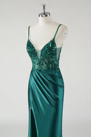 Load image into Gallery viewer, Sparkly Spaghetti Straps Dark Green Mermaid Prom Dress with Slit