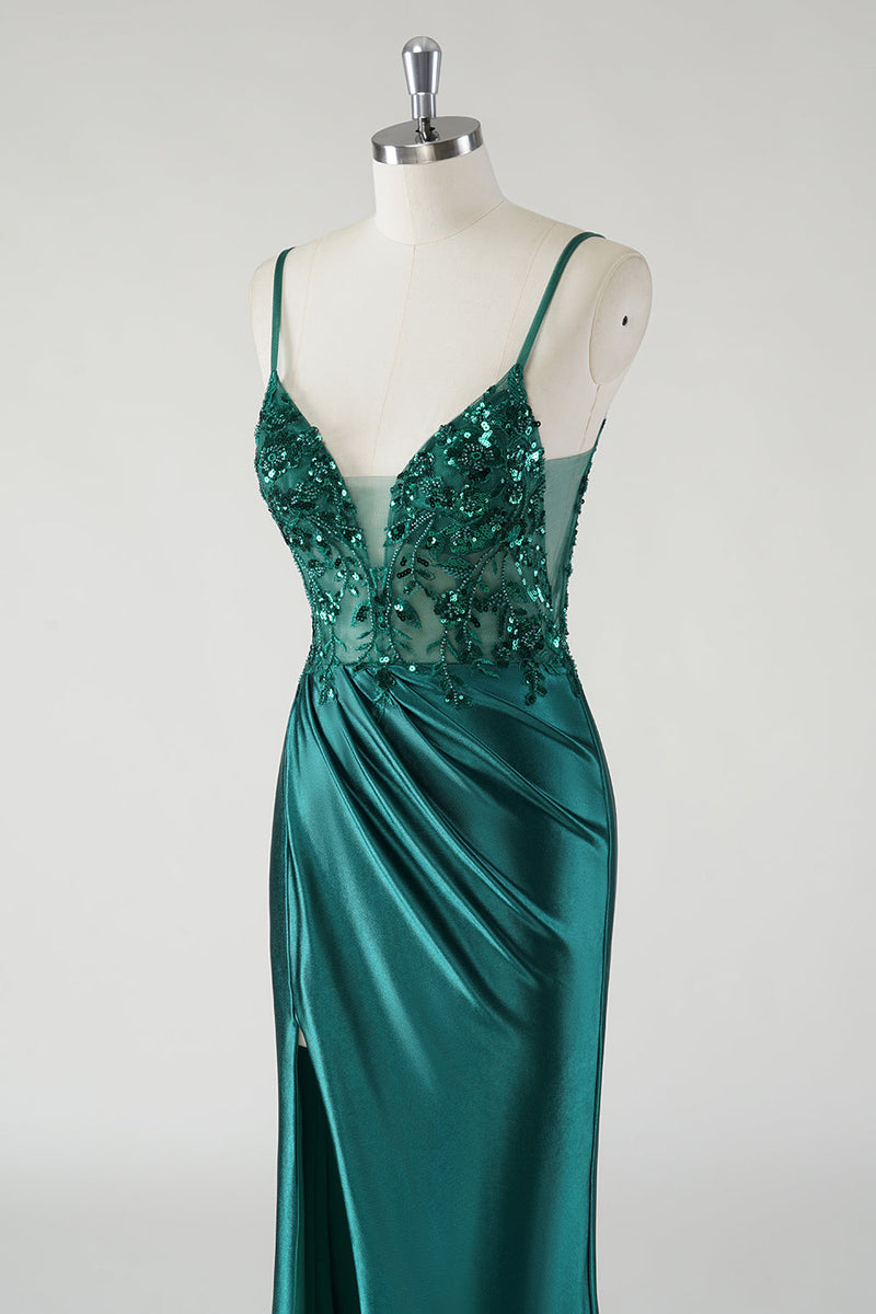 Load image into Gallery viewer, Sparkly Spaghetti Straps Dark Green Mermaid Prom Dress with Slit