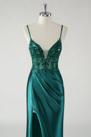 Load image into Gallery viewer, Sparkly Spaghetti Straps Dark Green Mermaid Prom Dress with Slit