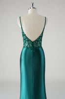 Load image into Gallery viewer, Sparkly Spaghetti Straps Dark Green Mermaid Prom Dress with Slit