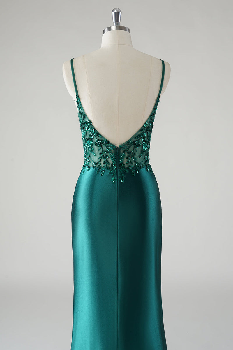 Load image into Gallery viewer, Sparkly Spaghetti Straps Dark Green Mermaid Prom Dress with Slit