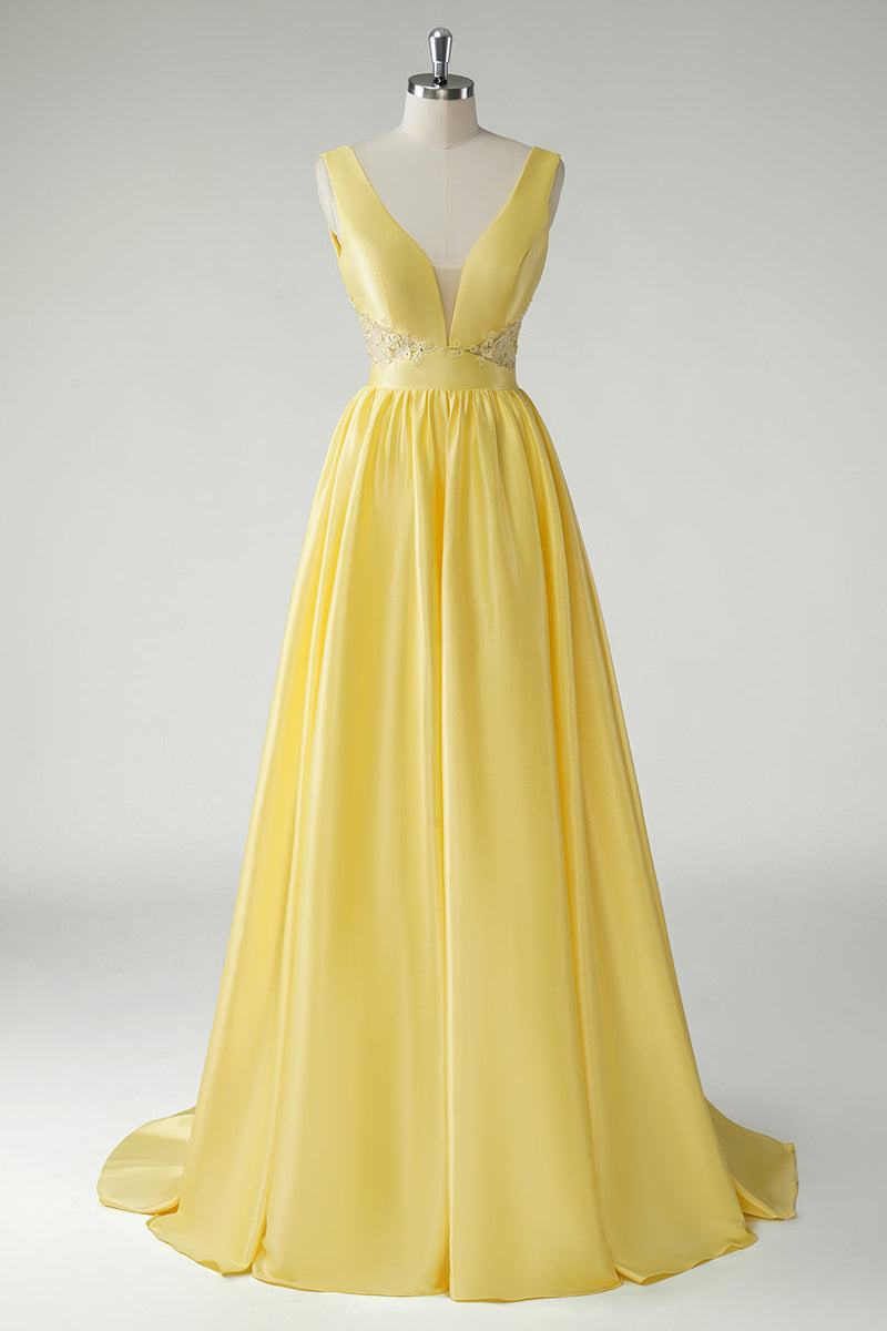 Load image into Gallery viewer, A Line Yellow Deep V Neck Long Prom Dress