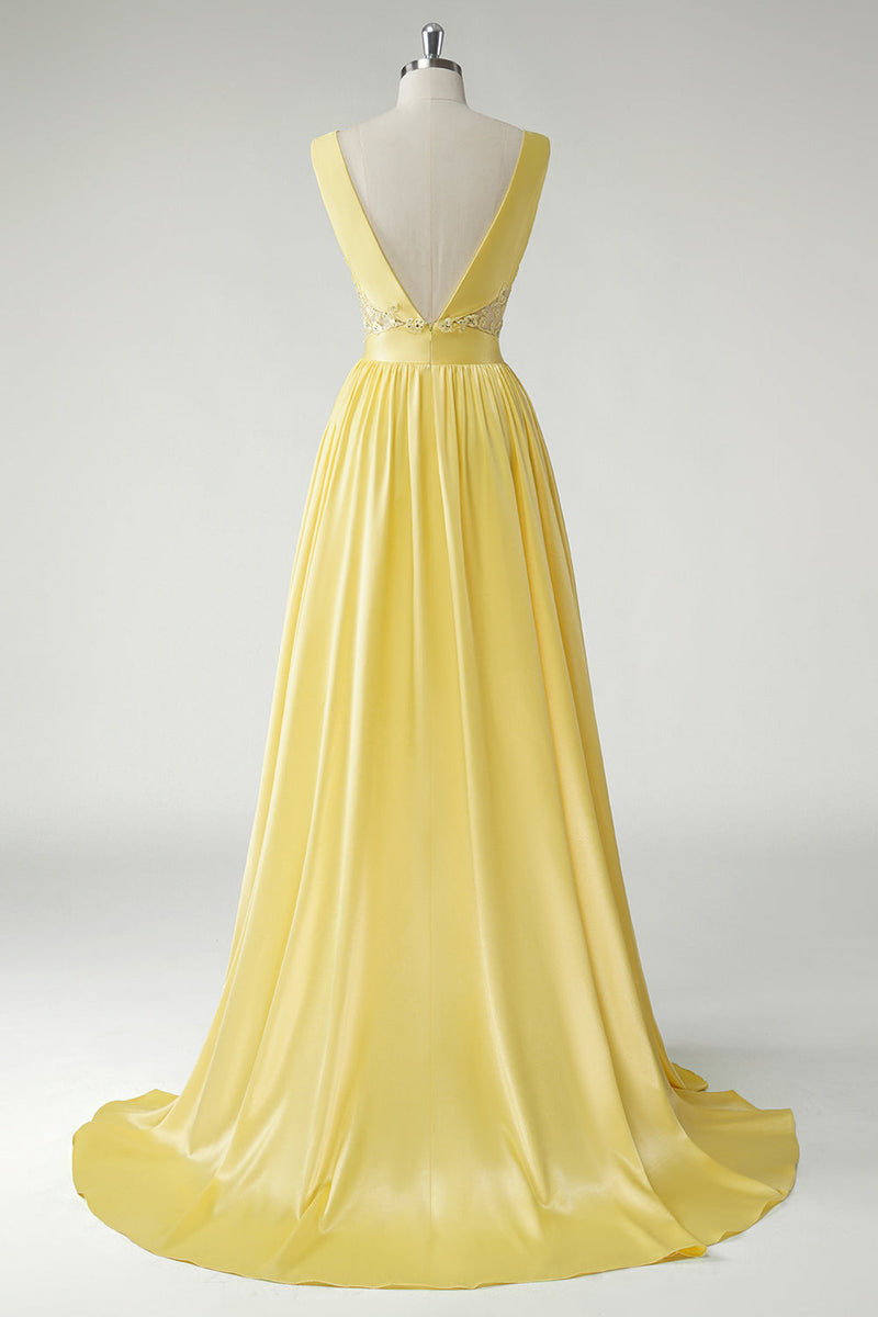 Load image into Gallery viewer, A Line Yellow Deep V Neck Long Prom Dress