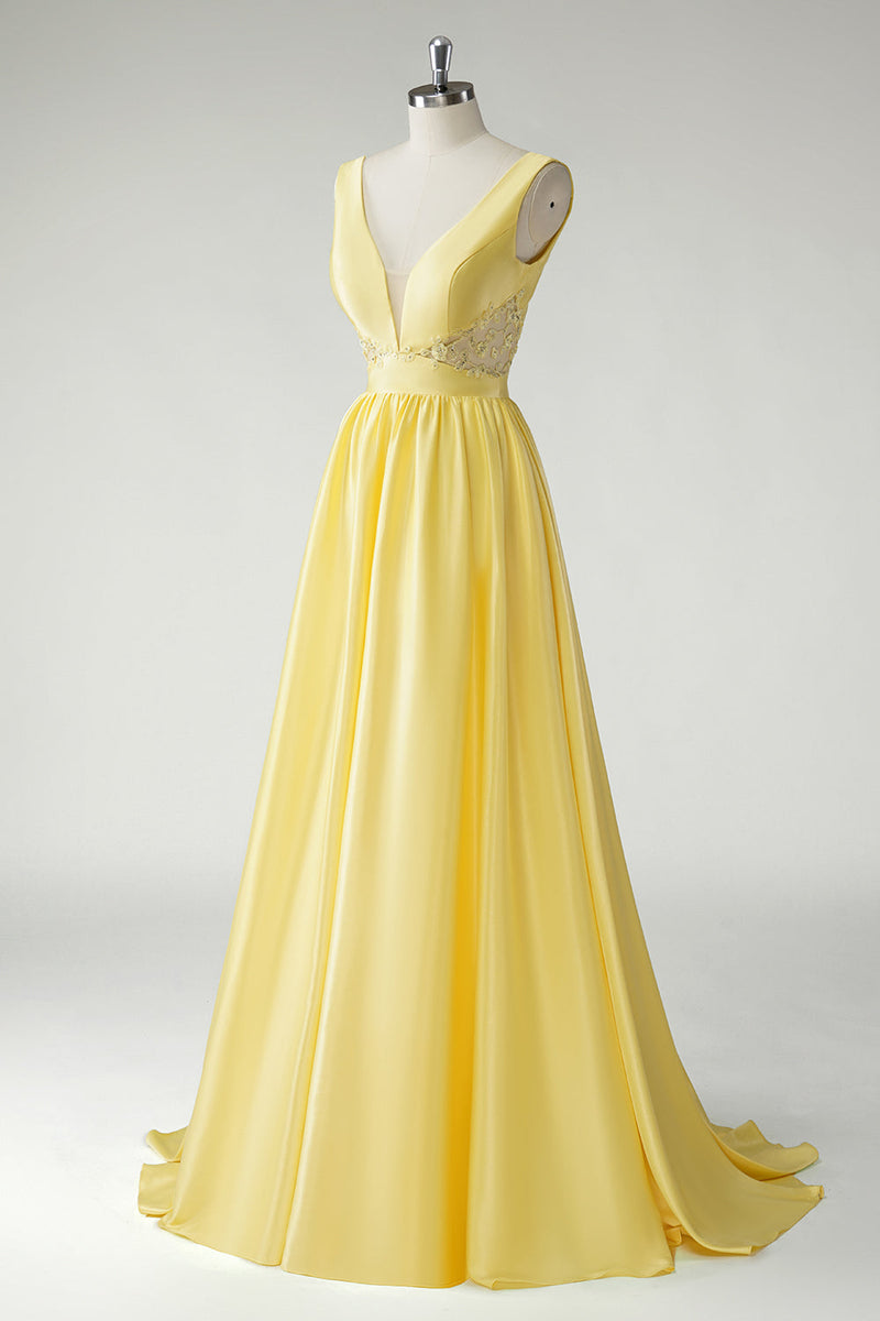 Load image into Gallery viewer, A Line Yellow Deep V Neck Long Prom Dress