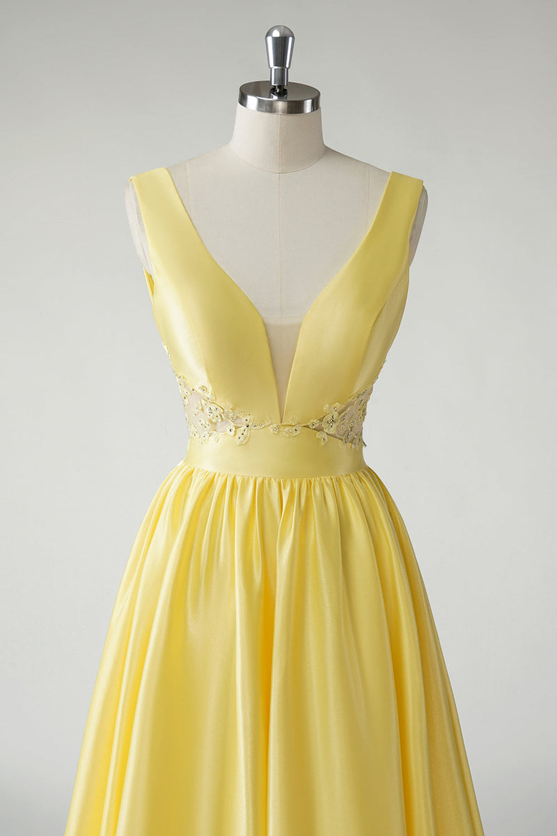 Load image into Gallery viewer, A Line Yellow Deep V Neck Long Prom Dress