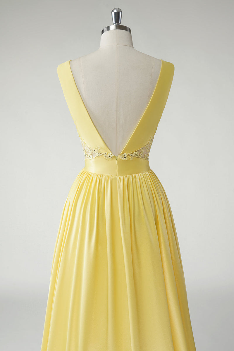 Load image into Gallery viewer, A Line Yellow Deep V Neck Long Prom Dress