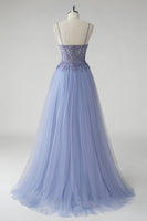 Load image into Gallery viewer, Sparkly A Line Grey Blue Tulle Prom Dress with Slit