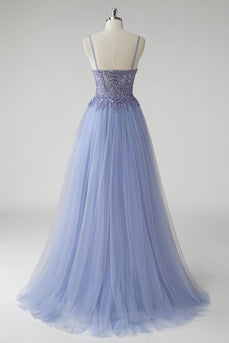 Sparkly A Line Grey Blue Tulle Prom Dress with Slit