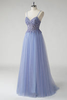 Load image into Gallery viewer, Sparkly A Line Grey Blue Tulle Prom Dress with Slit