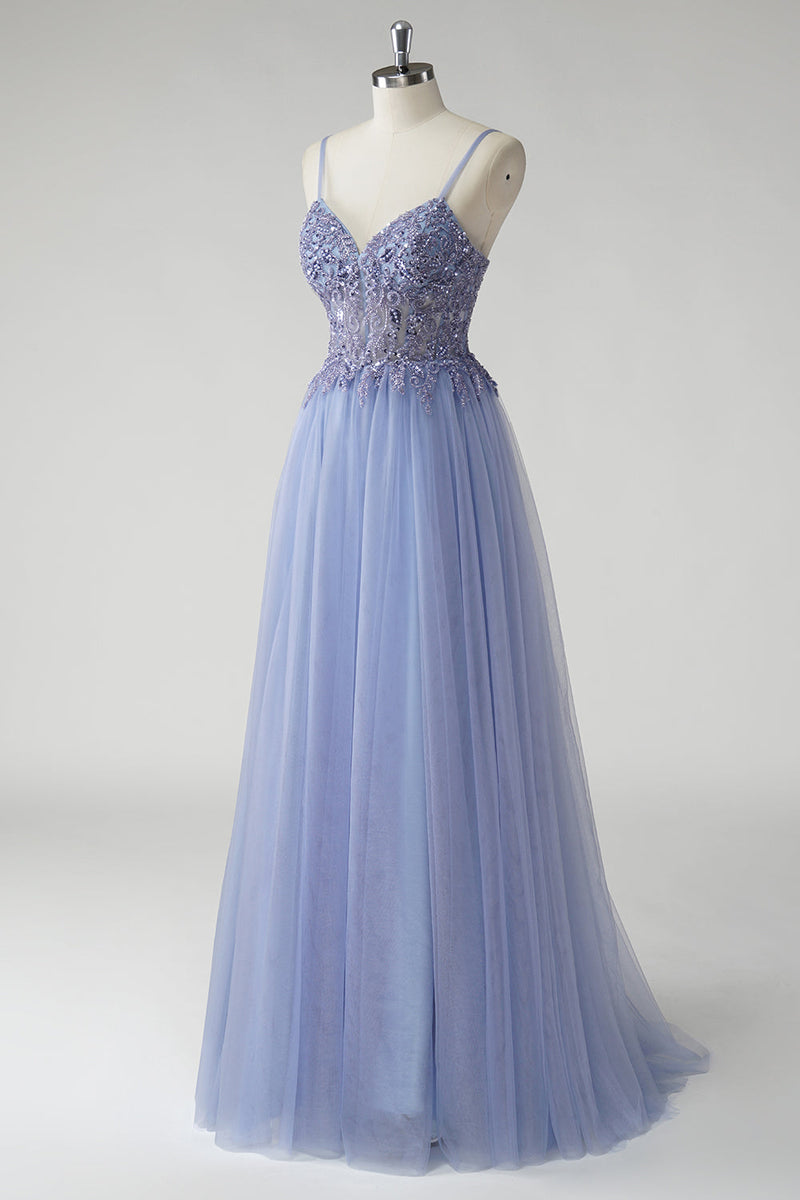 Load image into Gallery viewer, Sparkly A Line Grey Blue Tulle Prom Dress with Slit
