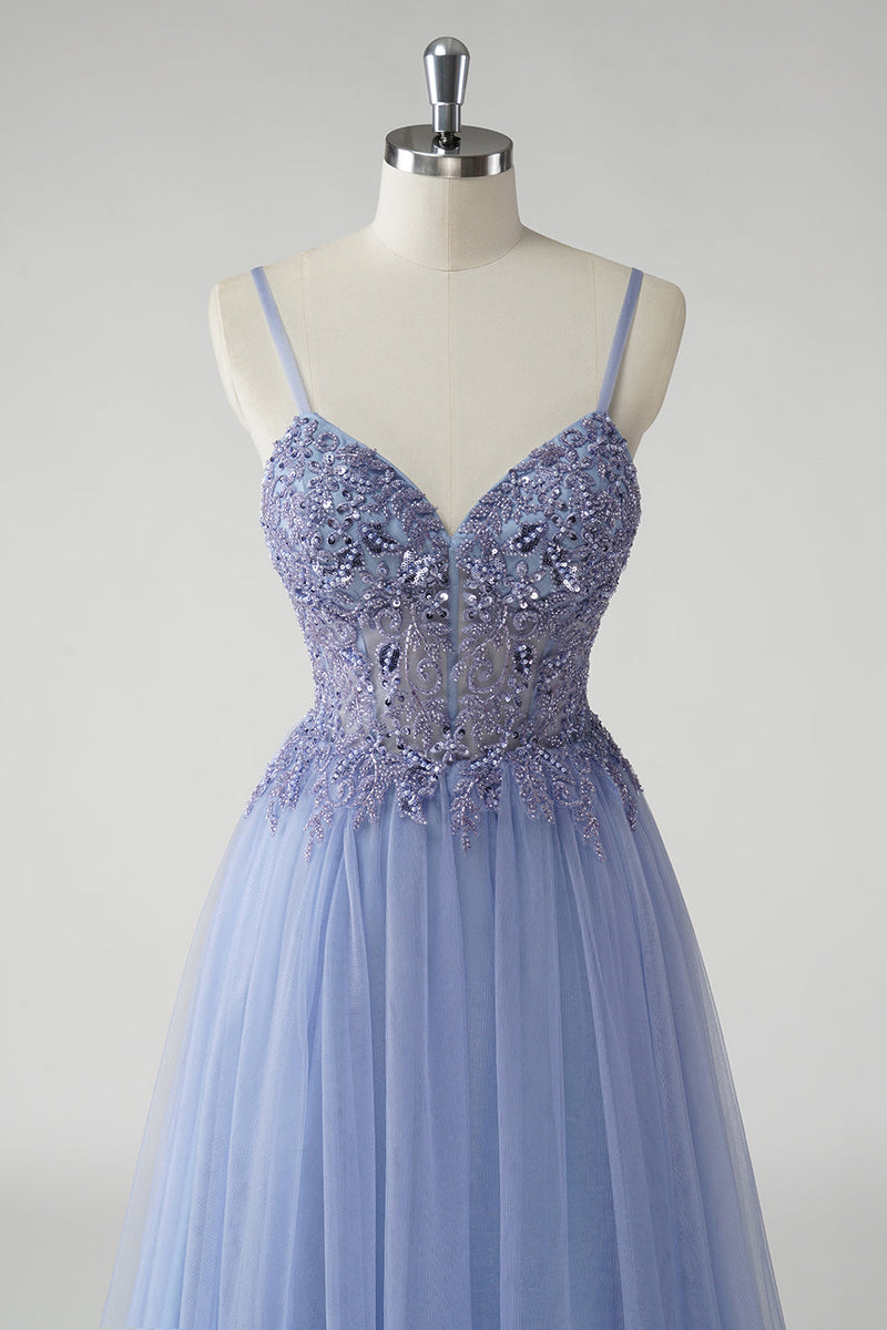 Load image into Gallery viewer, Sparkly A Line Grey Blue Tulle Prom Dress with Slit