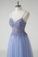 Load image into Gallery viewer, Sparkly A Line Grey Blue Tulle Prom Dress with Slit