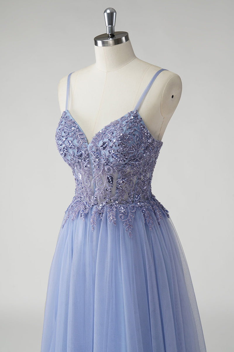 Load image into Gallery viewer, Sparkly A Line Grey Blue Tulle Prom Dress with Slit