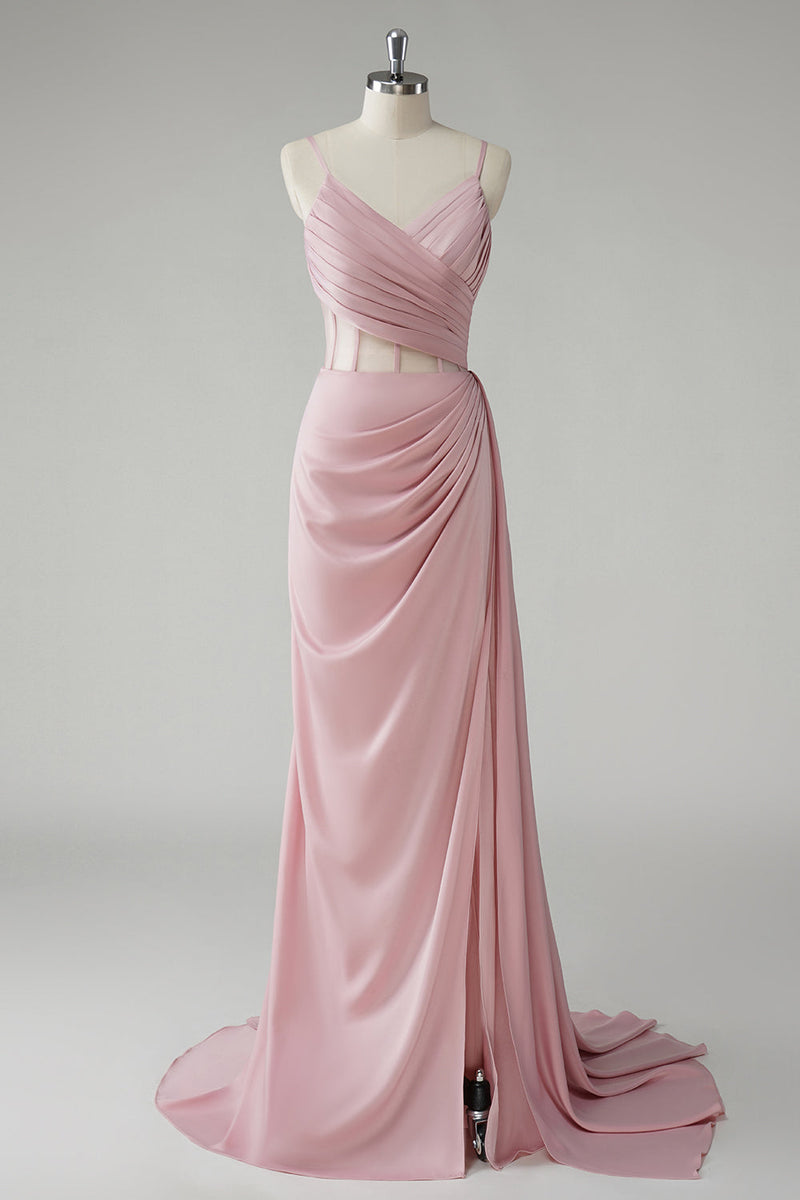Load image into Gallery viewer, Blush Corset Pleated Sheath Spaghetti Straps Long Prom Dress