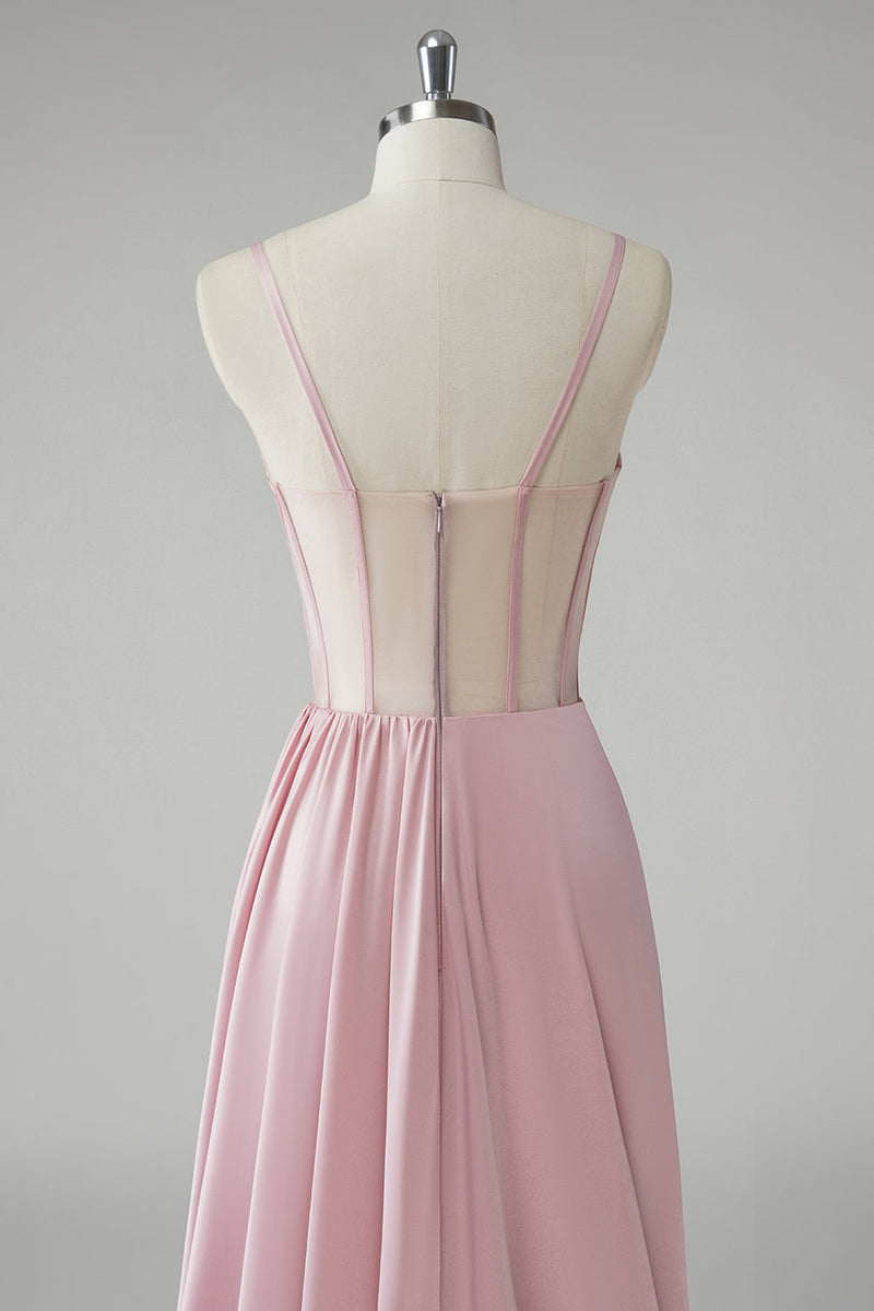 Load image into Gallery viewer, Blush Corset Pleated Sheath Spaghetti Straps Long Prom Dress