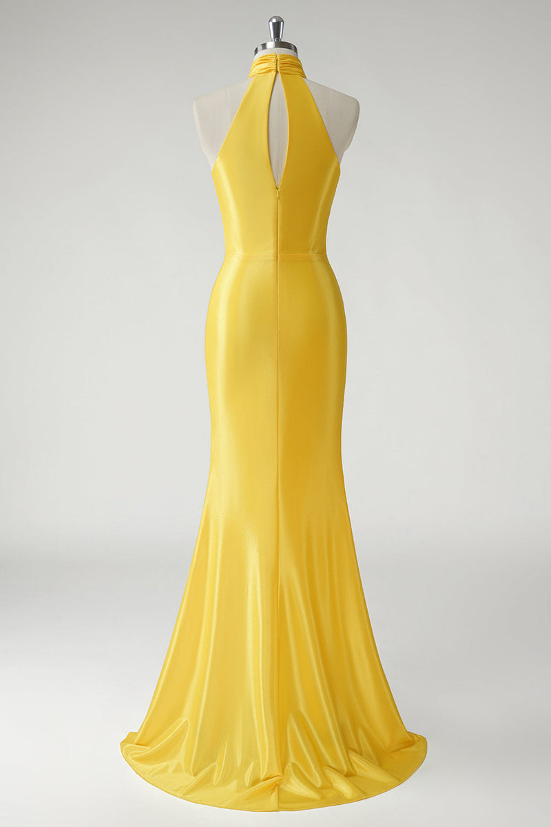 Load image into Gallery viewer, Mermaid Yellow Halter Satin Long Prom Dress