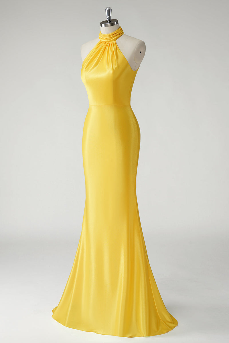 Load image into Gallery viewer, Mermaid Yellow Halter Satin Long Prom Dress
