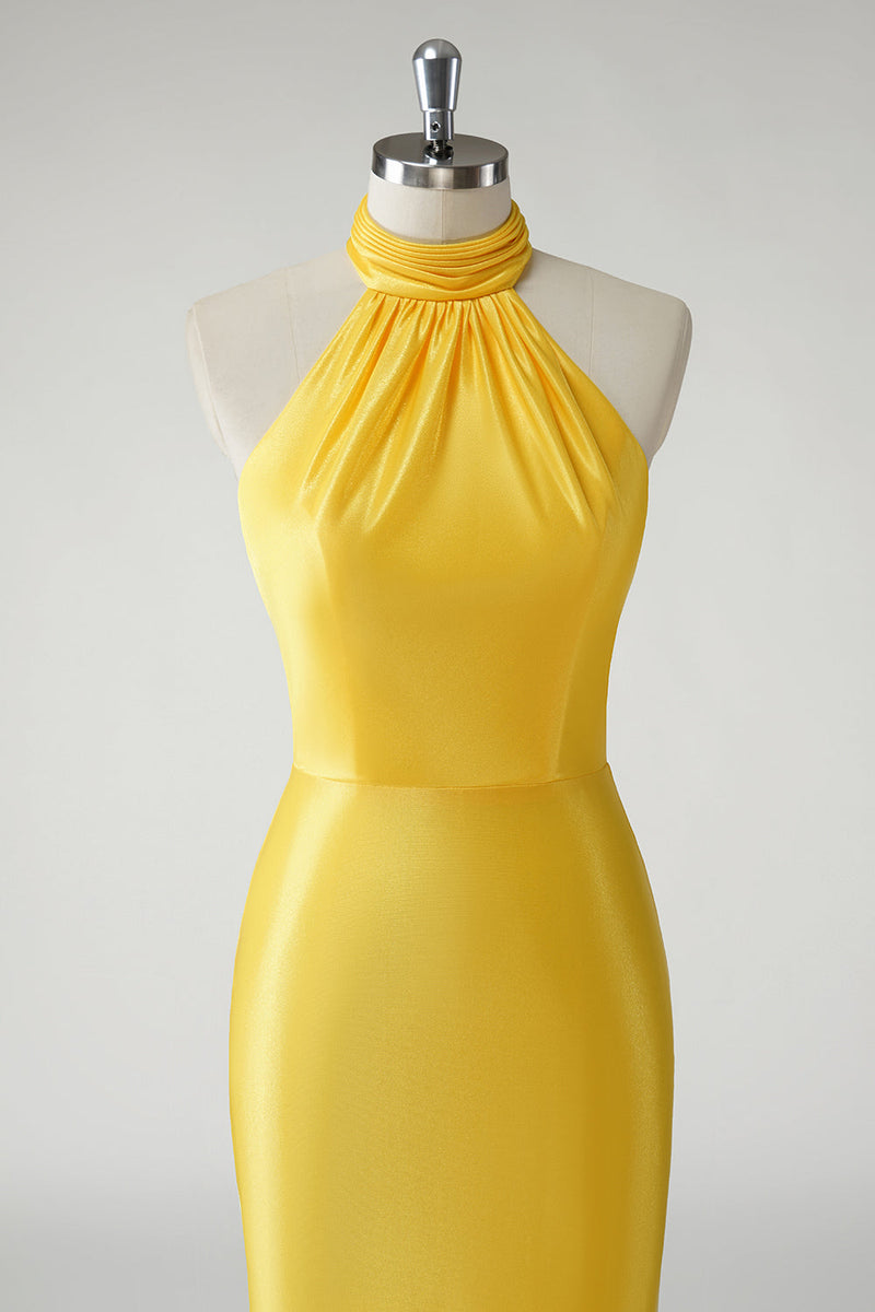 Load image into Gallery viewer, Mermaid Yellow Halter Satin Long Prom Dress