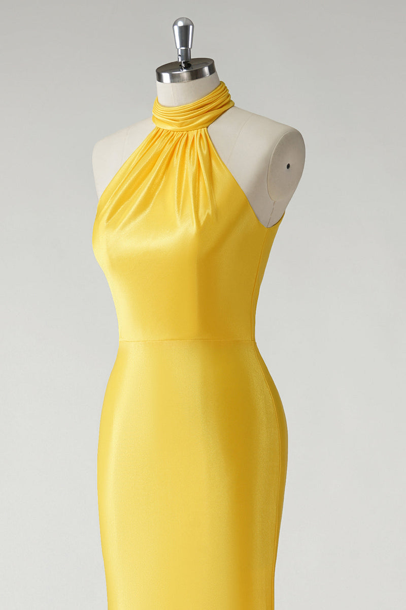 Load image into Gallery viewer, Mermaid Yellow Halter Satin Long Prom Dress
