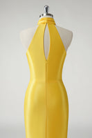 Load image into Gallery viewer, Mermaid Yellow Halter Satin Long Prom Dress