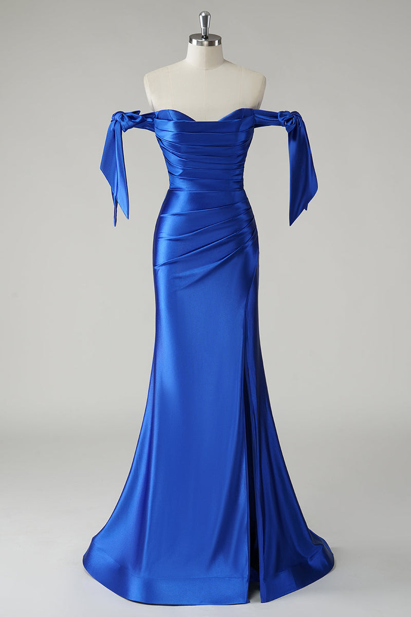 Load image into Gallery viewer, Off the Shoulder Royal Blue Mermaid Pleated Prom Dress