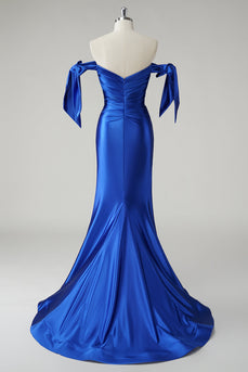 Off the Shoulder Royal Blue Mermaid Pleated Prom Dress