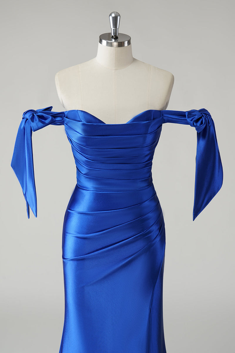 Load image into Gallery viewer, Off the Shoulder Royal Blue Mermaid Pleated Prom Dress