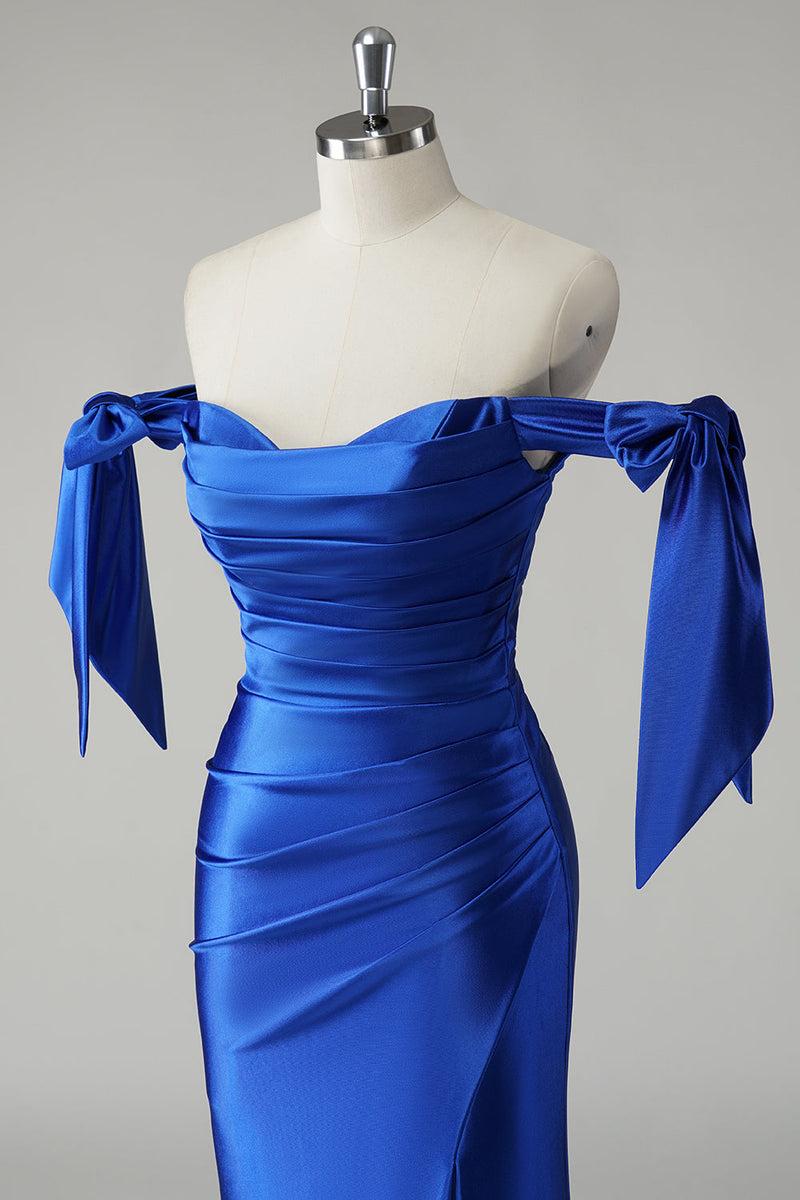 Load image into Gallery viewer, Off the Shoulder Royal Blue Mermaid Pleated Prom Dress