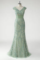 Load image into Gallery viewer, Green V Neck Mermaid Appliques Cap Sleeves Prom Dress