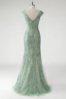 Load image into Gallery viewer, Green V Neck Mermaid Appliques Cap Sleeves Prom Dress
