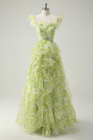Load image into Gallery viewer, Dusty Sage Floral A Line Square Neck Ruffled Long Prom Dress