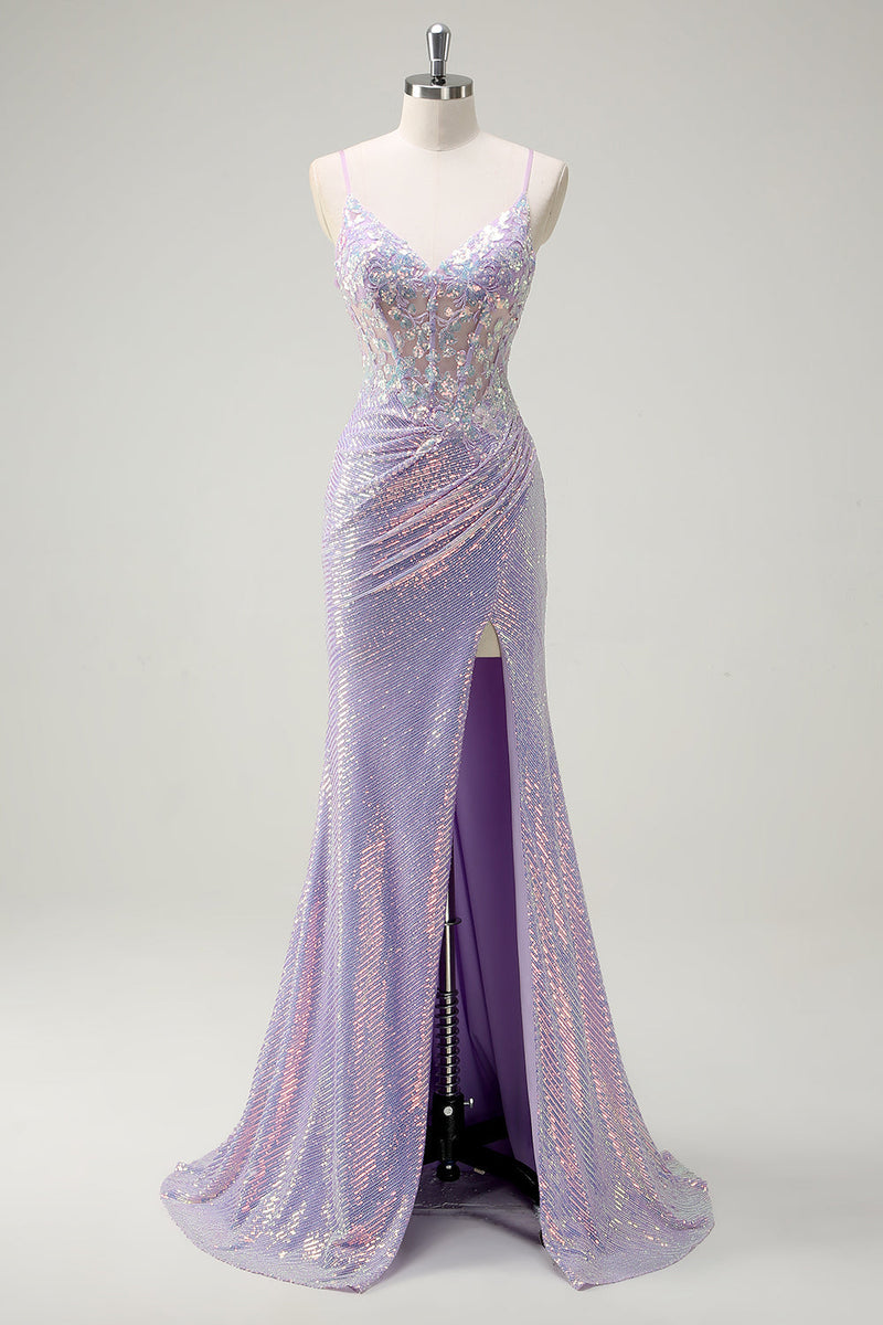 Load image into Gallery viewer, Sparkly Corset Lilac Spaghetti Straps Mermaid Prom Dress with Slit