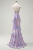 Load image into Gallery viewer, Sparkly Corset Lilac Spaghetti Straps Mermaid Prom Dress with Slit
