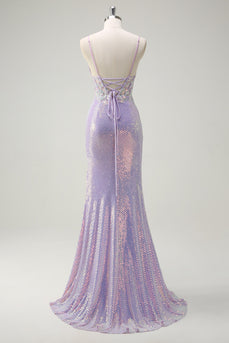 Sparkly Corset Lilac Spaghetti Straps Mermaid Prom Dress with Slit