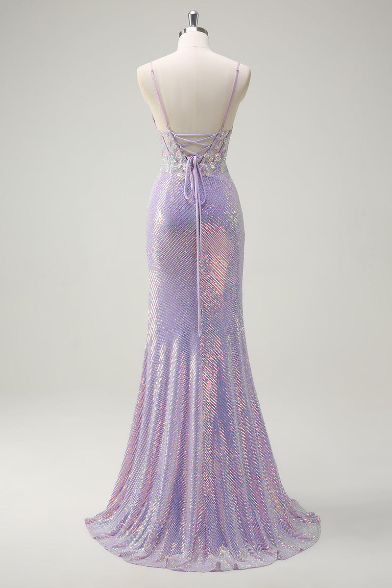 Load image into Gallery viewer, Sparkly Corset Lilac Spaghetti Straps Mermaid Prom Dress with Slit