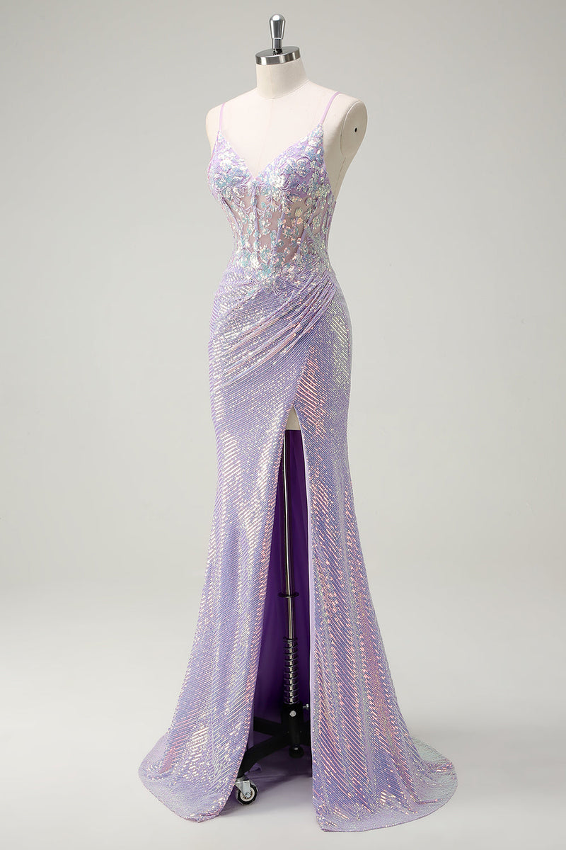 Load image into Gallery viewer, Sparkly Corset Lilac Spaghetti Straps Mermaid Prom Dress with Slit
