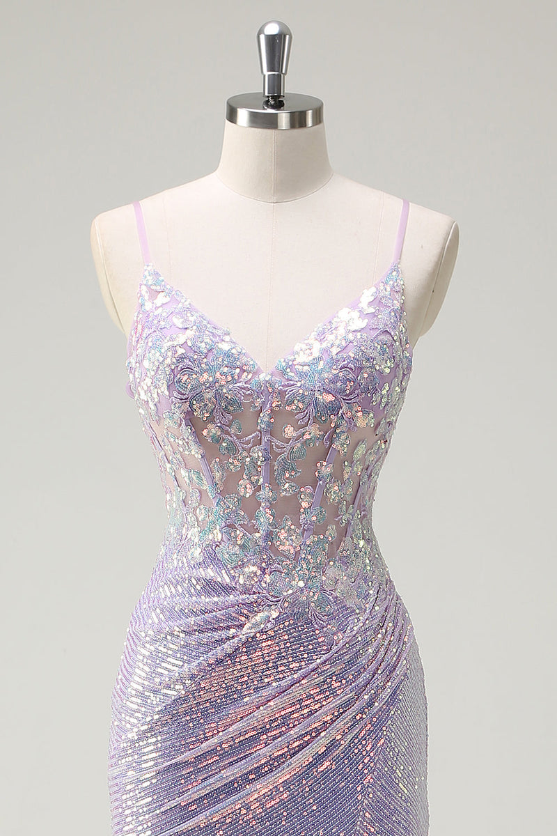 Load image into Gallery viewer, Sparkly Corset Lilac Spaghetti Straps Mermaid Prom Dress with Slit