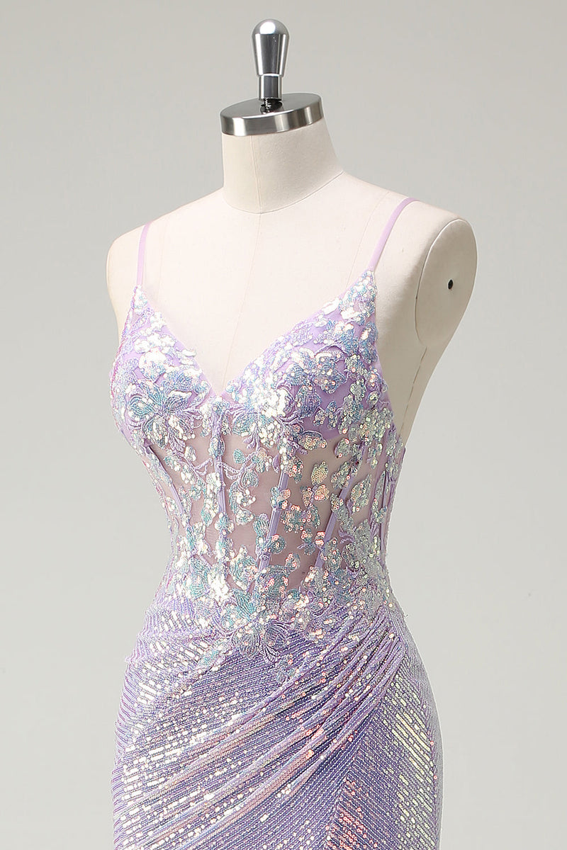 Load image into Gallery viewer, Sparkly Corset Lilac Spaghetti Straps Mermaid Prom Dress with Slit