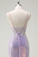Load image into Gallery viewer, Sparkly Corset Lilac Spaghetti Straps Mermaid Prom Dress with Slit