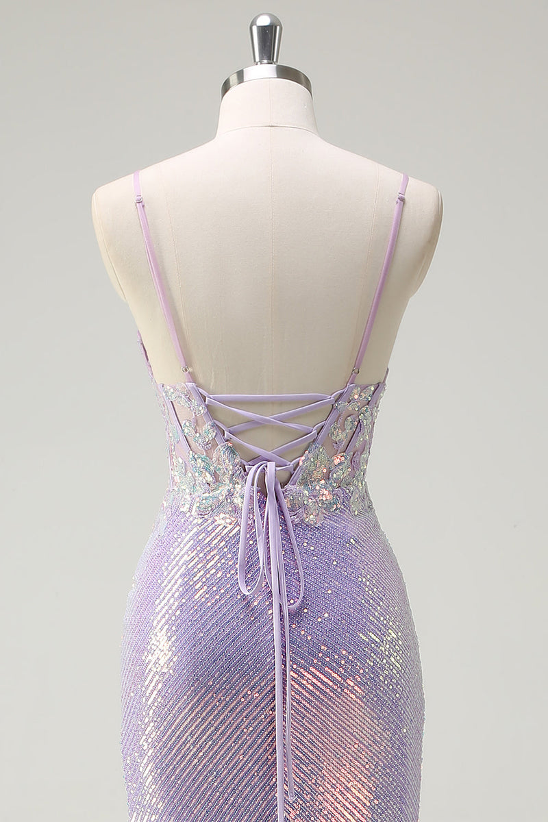 Load image into Gallery viewer, Sparkly Corset Lilac Spaghetti Straps Mermaid Prom Dress with Slit