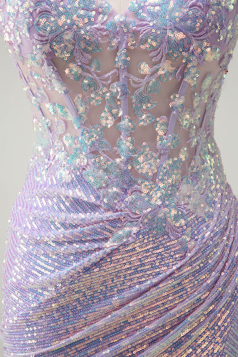 Load image into Gallery viewer, Sparkly Corset Lilac Spaghetti Straps Mermaid Prom Dress with Slit