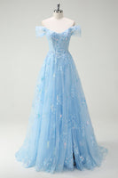 Load image into Gallery viewer, Sparkly Off The Shoulder Sky Blue A Line Prom Dress with Slit