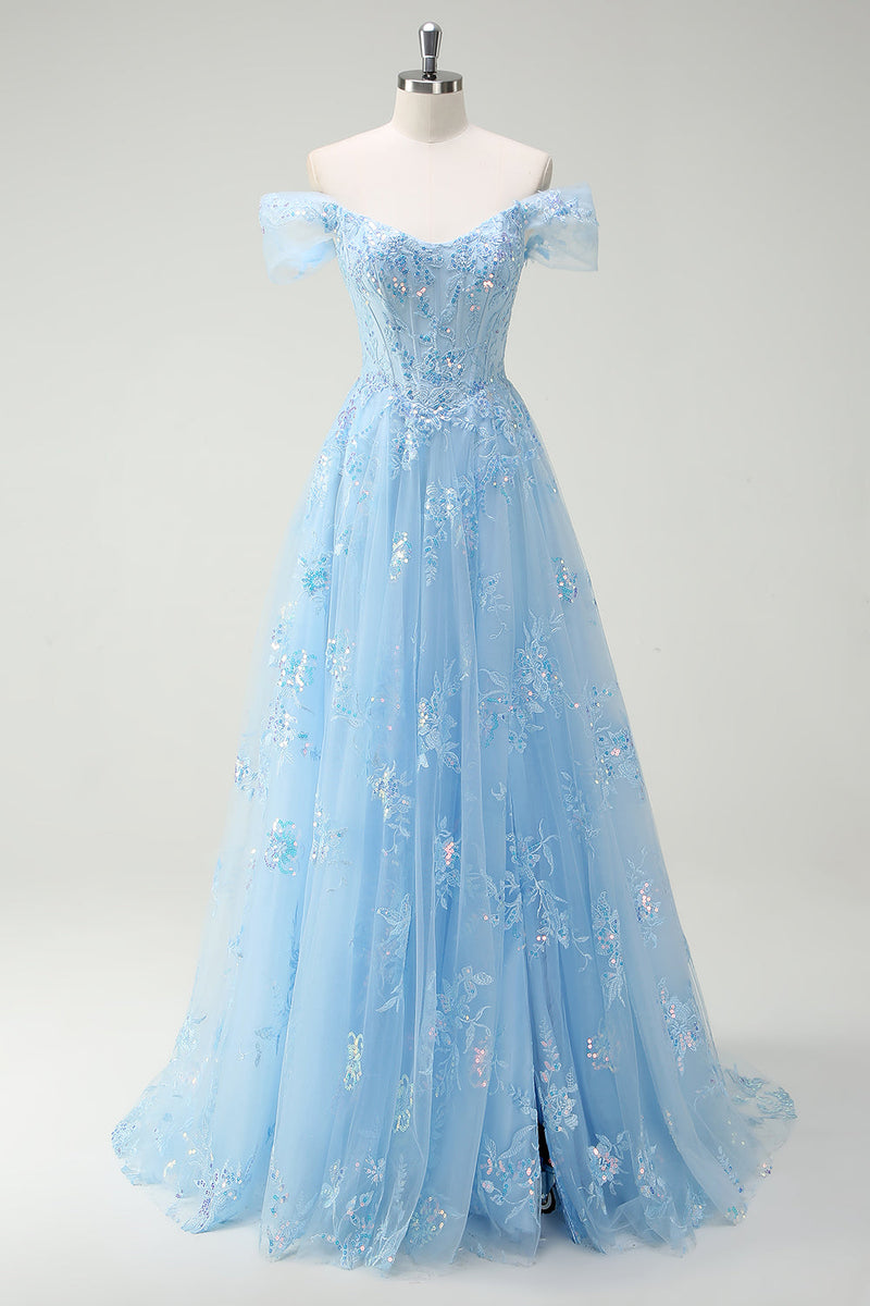 Load image into Gallery viewer, Sparkly Off The Shoulder Sky Blue A Line Prom Dress with Slit