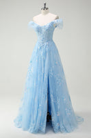 Load image into Gallery viewer, Sparkly Off The Shoulder Sky Blue A Line Prom Dress with Slit
