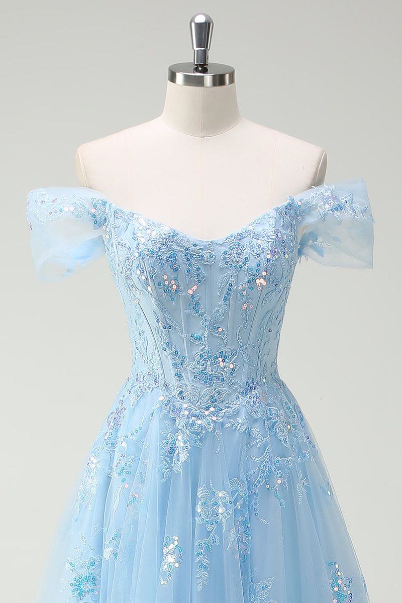 Load image into Gallery viewer, Sparkly Off The Shoulder Sky Blue A Line Prom Dress with Slit