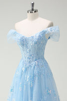 Load image into Gallery viewer, Sparkly Off The Shoulder Sky Blue A Line Prom Dress with Slit