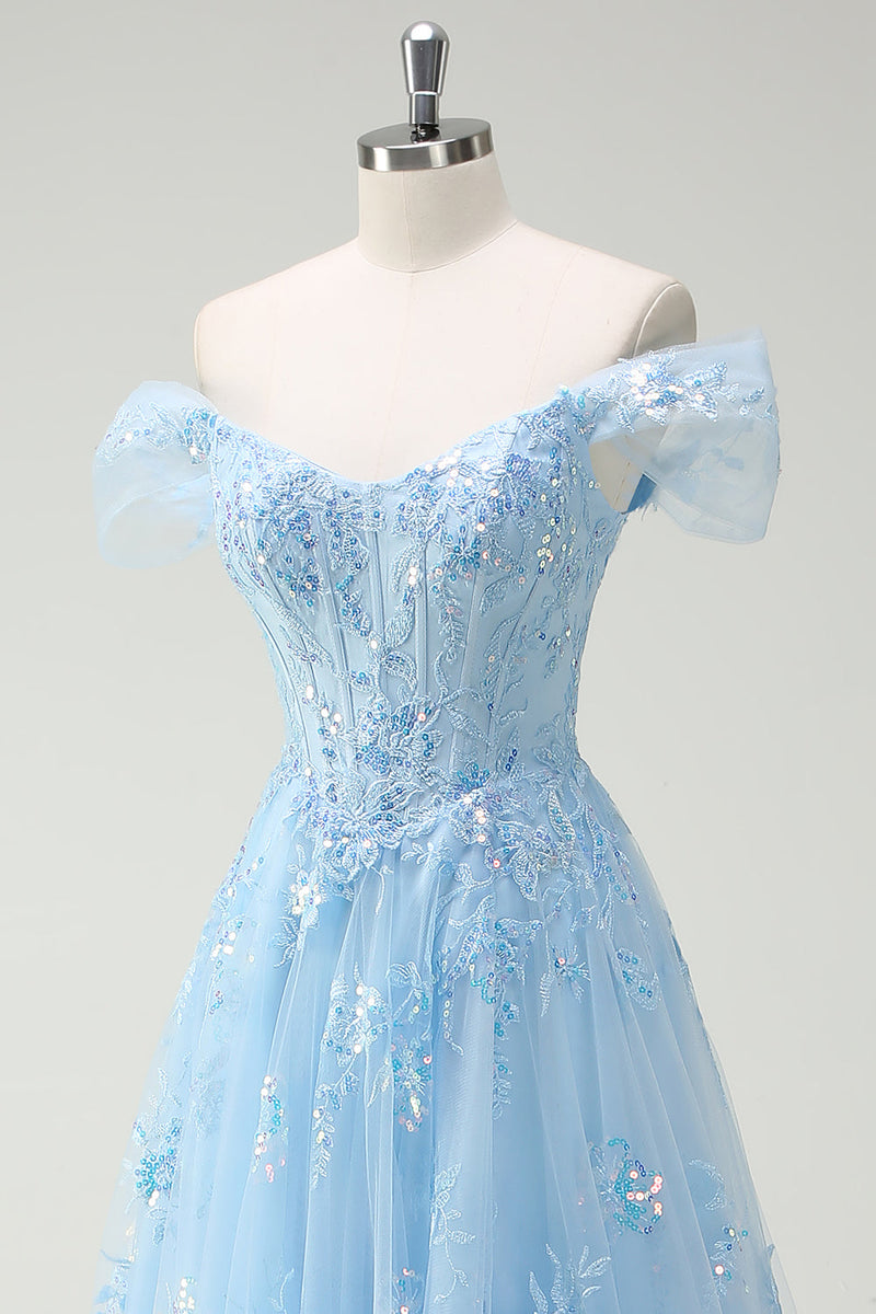 Load image into Gallery viewer, Sparkly Off The Shoulder Sky Blue A Line Prom Dress with Slit
