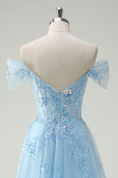 Load image into Gallery viewer, Sparkly Off The Shoulder Sky Blue A Line Prom Dress with Slit