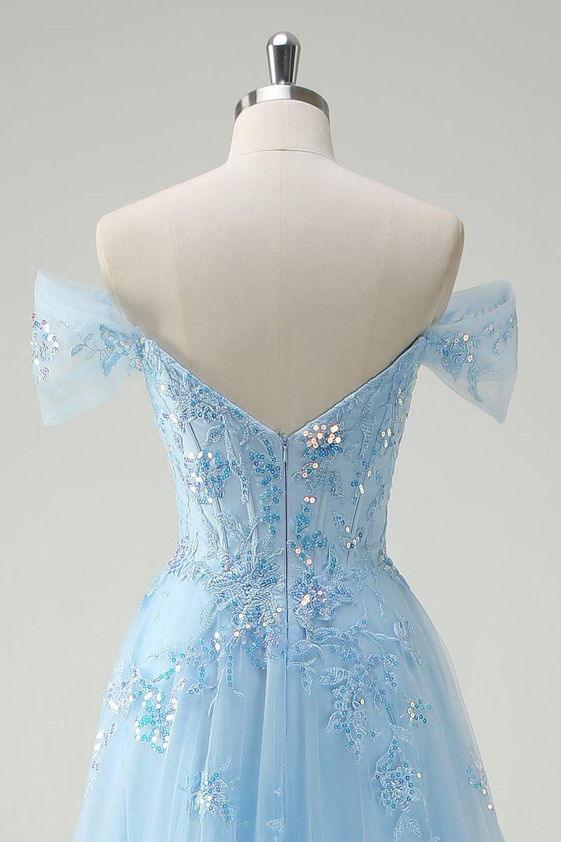 Load image into Gallery viewer, Sparkly Off The Shoulder Sky Blue A Line Prom Dress with Slit